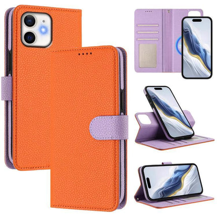 Vegan Leather iPhone Case With Card Holder For Everyday Protection And Easy Carry - orange lavender wallet folio with card slots, RFID, detachable magnetic stand