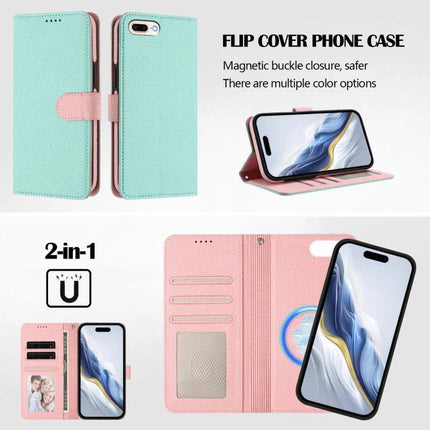 Detachable Vegan Leather Wallet Phone Case For On-The-Go Use shown in mint and pink flip-cover with magnetic detachable wallet and card slots