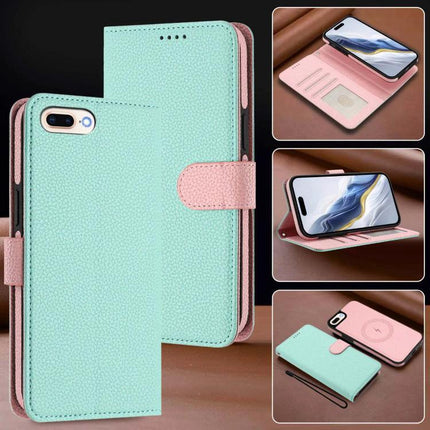 Detachable Vegan Leather Wallet Phone Case For On-The-Go Use showcasing mint and pink detachable wallet with card slots, magnetic attachment, and phone stand