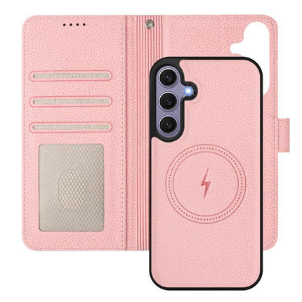Vegan Leather Samsung Phone Case Everyday Protection pink wallet-style case with detachable cardholder and wireless charging symbol