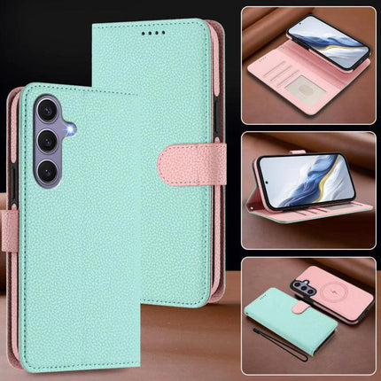 Vegan Leather Samsung Phone Case Everyday Protection mint green wallet case with detachable card holder and kickstand