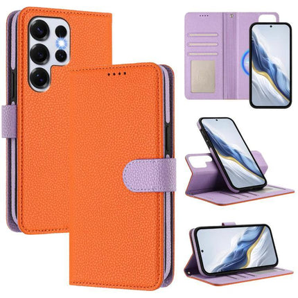 Vegan Leather Samsung Phone Case Everyday Protection orange lilac wallet folio with detachable card holder and kickstand