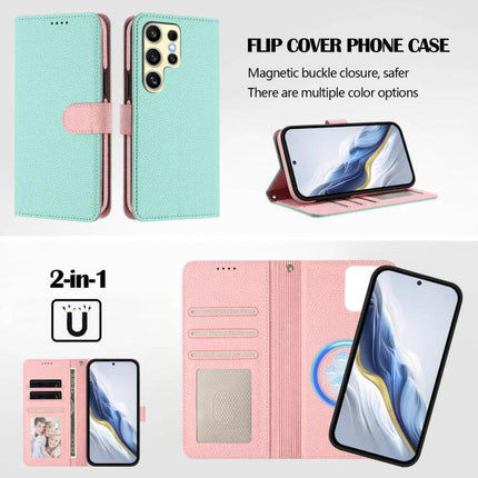 Vegan Leather Phone Case for Everyday Samsung Protection with detachable wallet, stand, card slots and hand strap in mint and pink