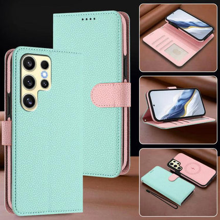 Vegan Leather Phone Case for Everyday Samsung Protection mint pink wallet case with card slots, stand, magnetic detachable 2-in-1 design and hand strap
