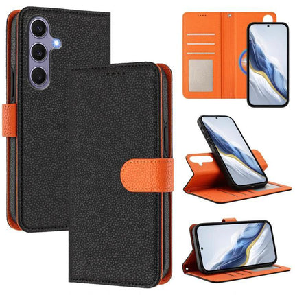 Vegan Leather Phone Case for Everyday Samsung Protection black pebble wallet with orange interior, card slots, stand, hand strap and magnetic detachable design