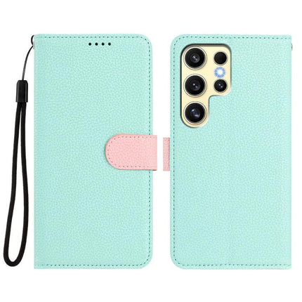 Vegan Leather Samsung Phone Case With Card Slots showing mint PU exterior, pink card clasp, wrist strap and camera cutouts for Samsung
