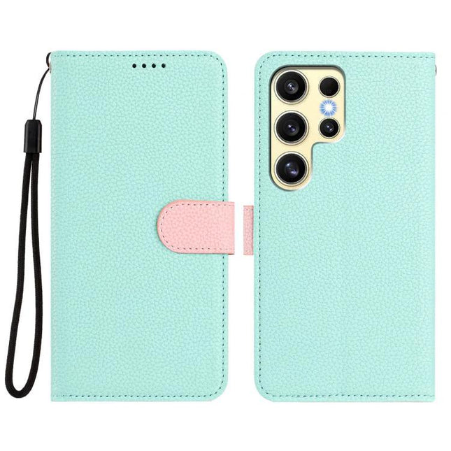Vegan Leather Samsung Phone Case With Card Slots showing mint PU exterior, pink card clasp, wrist strap and camera cutouts for Samsung