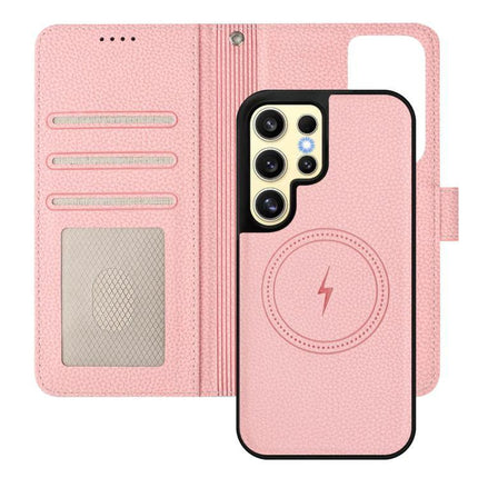 Vegan Leather Samsung Phone Case With Card Slots shown in pink wallet style with card slots, kickstand and MagSafe charging symbol