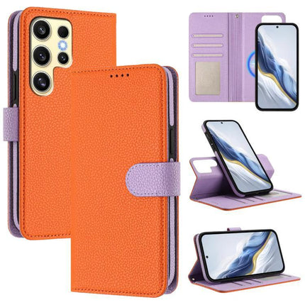 Vegan Leather Samsung Phone Case With Card Slots - orange pebbled PU wallet case with purple trim, card slots and kickstand for hands-free use