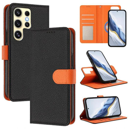 Vegan Leather Samsung Phone Case With Card Slots black pebble PU wallet with orange interior, card slots and kickstand for hands-free use