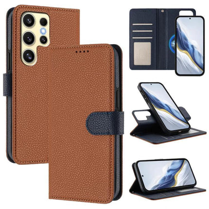 Vegan Leather Samsung Phone Case With Card Slots shown in brown PU leather with TPU interior, card slots and foldable kickstand for hands-free use