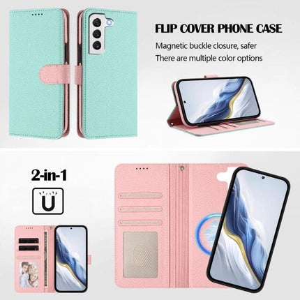 Vegan Leather Case For Samsung Phone Protection with detachable 2-in-1 wallet, RFID blocking, built-in stand, mint and pink flip cover