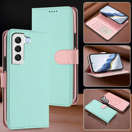Vegan Leather Case For Samsung Phone Protection with detachable 2-in-1 wallet, RFID blocking, built-in stand and card slots in pastel mint and pink
