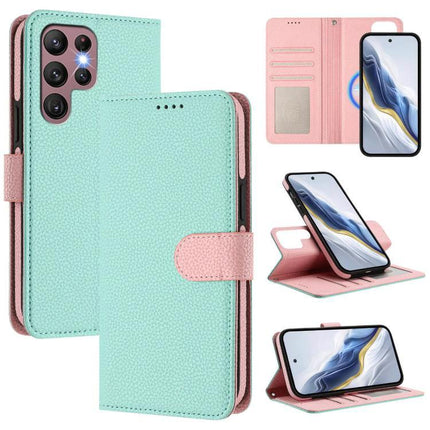 Vegan Leather Samsung Phone Case With Card Slots mint green folio wallet with TPU protection, card slots and kickstand for hands-free use