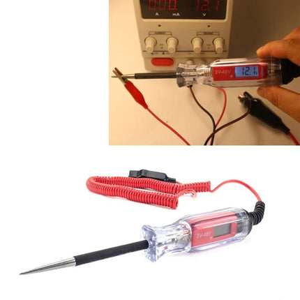 Reliable Tool for Daily Car Electrical Maintenance and Testing digital voltage tester showing 12.1V probe and alligator clip for battery checks
