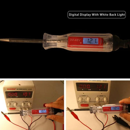 Reliable Tool for Daily Car Electrical Maintenance and Testing digital voltage tester showing 12.1V with probe and alligator clip
