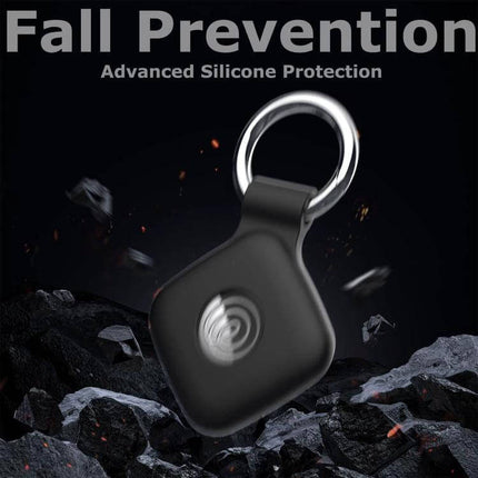 xDfind Silicone Protective Cover for Tile Mate with Keyring shown on a black Tile Mate with metal keyring, silicone case for fall prevention and everyday protection