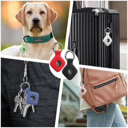 xDfind Silicone Protective Cover for Tile Mate with Keyring on keys, luggage, backpack and pet collar showing full coverage protection