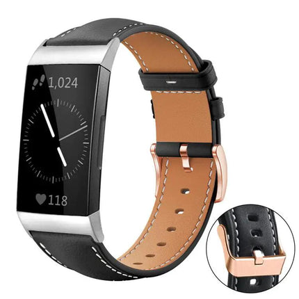 Black Vegan Leather Band Rose Gold Buckle For Fitbit Charge
