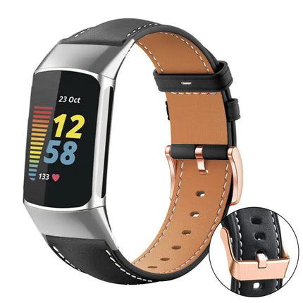 Black Vegan Leather Band Rose Gold Buckle For Fitbit Charge
