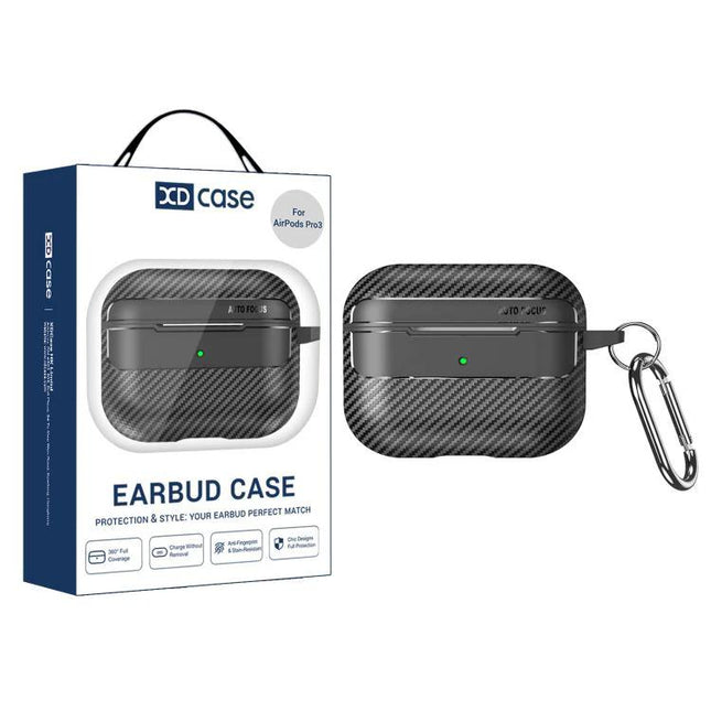 XDcase Earbud Case for Secure Daily Commutes and Travel - carbon fiber textured protective case with carabiner for AirPods Pro, splash and drop protection