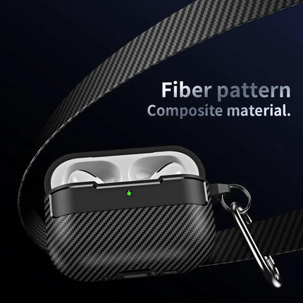 XDcase Earbud Case for Secure Daily Commutes and Travel showing carbon fiber texture with carabiner attachment and open earbuds