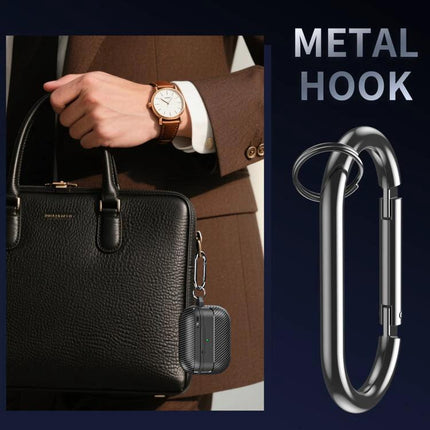 XDcase Earbud Case for Secure Daily Commutes and Travel attached to a briefcase with carbon fiber texture and metal hook
