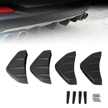 4-Piece Black Shark Fin Rear Spoiler for Vehicle Bumper Decoration mounted on car rear and shown as set of four black fins with hardware