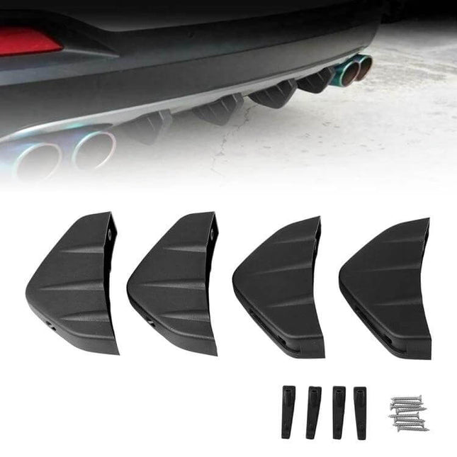 4-Piece Black Shark Fin Rear Spoiler for Vehicle Bumper Decoration mounted on car rear and shown as set of four black fins with hardware