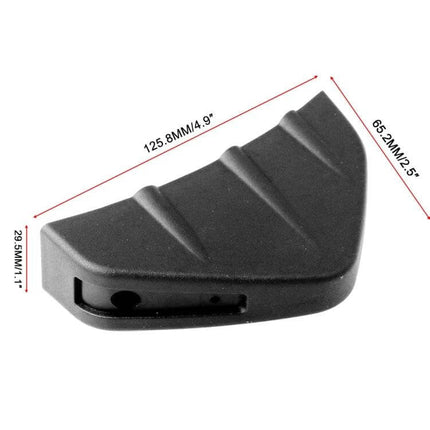 4-Piece Black Shark Fin Rear Spoiler for Vehicle Bumper Decoration shown as one black corner fin with dimensions 125.8mm x 65.2mm x 29.5mm