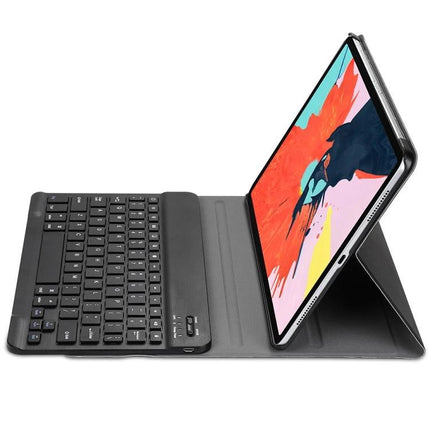 Bluetooth Keyboard Case for iPad Air 4, 5 and Pro 11 Inch with Stand in black showing foldable cover, removable Bluetooth keyboard and angled stand