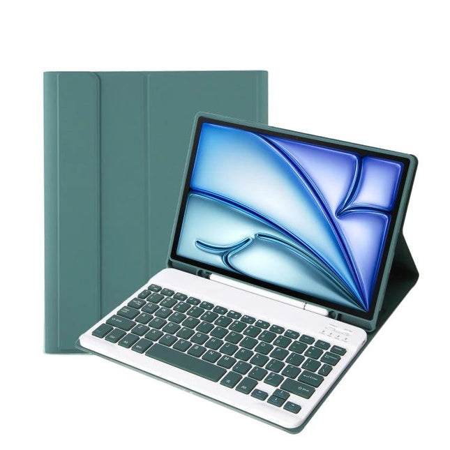 iPad Air Bluetooth Keyboard Case with Stand and Pen Slot shown open with keyboard and foldable stand