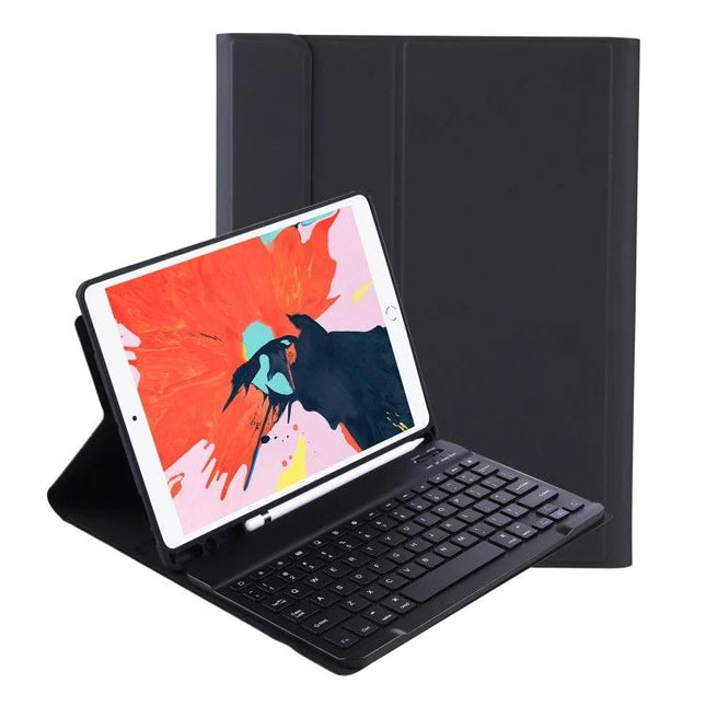 Ultra-Thin Bluetooth Keyboard Case with Stand for iPad Air 11-Inch shown open with black wireless keyboard and tri-fold protective cover