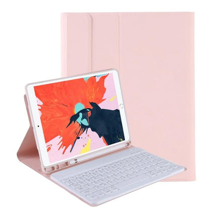 Ultra-Thin Bluetooth Keyboard Case with Stand for iPad Air 11-Inch in pink showing tablet propped and detachable white Bluetooth keyboard