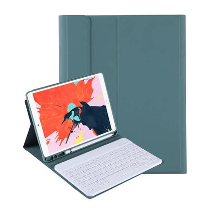 Ultra-Thin Bluetooth Keyboard Case with Stand for iPad Air 11-Inch in teal showing iPad in stand position with detachable white Bluetooth keyboard