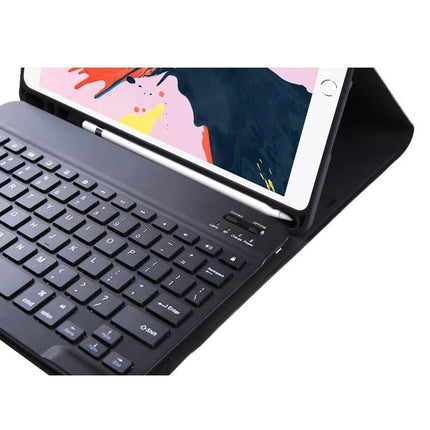 Ultra-Thin Bluetooth Keyboard Case with Stand for iPad Air 11-Inch shown as black folio with Bluetooth keyboard and stylus in stand position