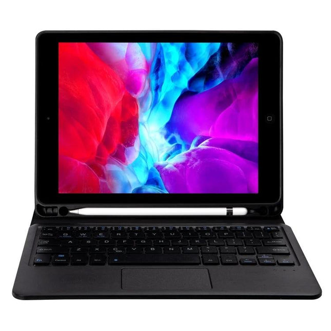 Bluetooth Keyboard Case for iPad Air 11-Inch with Stand and Pen Slot showing black keyboard, trackpad and pen in holder with tablet in landscape