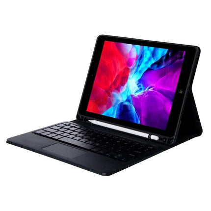Bluetooth Keyboard Case for iPad Air 11-Inch with Stand and Pen Slot in black with foldable stand and integrated pen holder