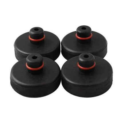Jack Pads for Tesla Vehicle Maintenance in Daily Use - set of 4 black space-aluminum jack pads with red seals for safe DIY undercarriage support