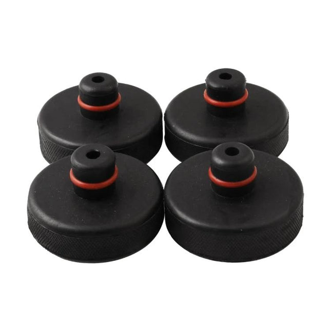 Jack Pads for Tesla Vehicle Maintenance in Daily Use - set of 4 black space-aluminum jack pads with red seals for safe DIY undercarriage support