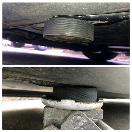 Jack Pads for Tesla Vehicle Maintenance in Daily Use — space aluminum jack pad protecting undercarriage during DIY tire change