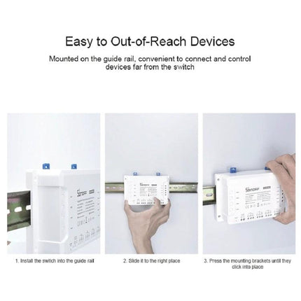 Sonoff Four-Way Smart Home Switch with Remote Timing Control mounted on guide rail showing install steps for remote control of out-of-reach devices