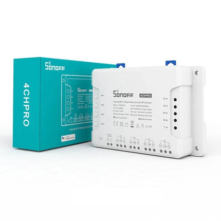 Sonoff Four-Way Smart Home Switch with Remote Timing Control — 4-channel smart switch shown with retail box for remote app scheduling and energy-saving automation