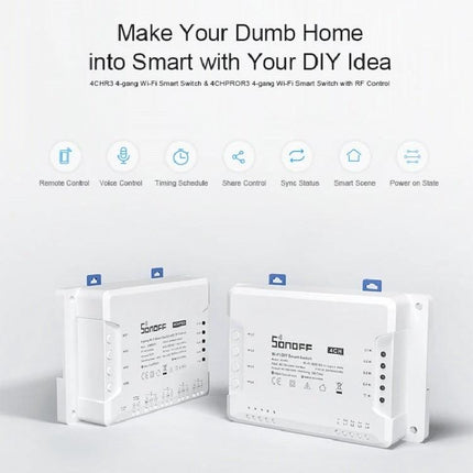 Sonoff Four-Way Smart Home Switch with Remote Timing Control - 4-channel WiFi DIN-style smart switch for remote control, timing and automation