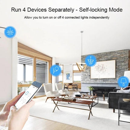 Sonoff Four-Way Smart Home Switch with Remote Timing Control controlling four lights in modern living room with mobile app and self-locking mode