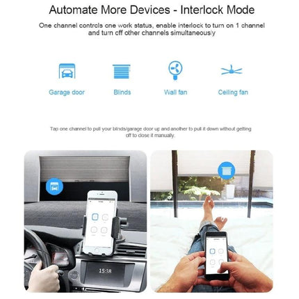 Sonoff Four-Way Smart Home Switch with Remote Timing Control showing interlock mode controlling garage door, blinds, wall fan and ceiling fan from mobile app