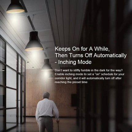 Sonoff Four-Way Smart Home Switch with Remote Timing Control showing inching mode schedule for corridor lights