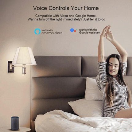Sonoff Four-Way Smart Home Switch with Remote Timing Control showing voice control in bedroom with lamp and smart speaker