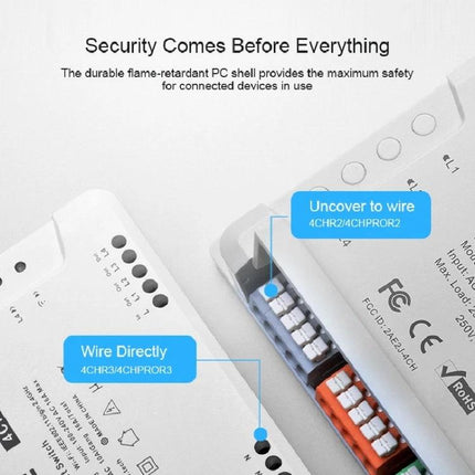 Sonoff Four-Way Smart Home Switch with Remote Timing Control close-up showing four-channel wiring terminals and security labeling