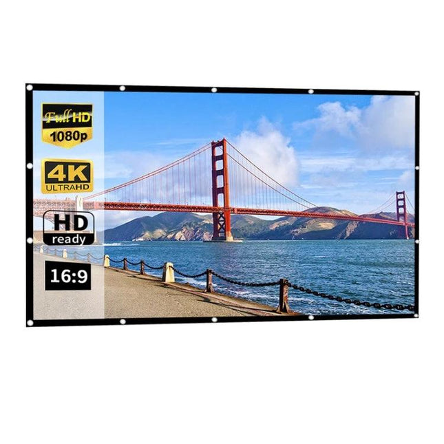 Portable Foldable Polyester Projector Screen for Home and Outdoor Use — outdoor movie screen with grommets, 16:9 HD 4K ready polyester surface